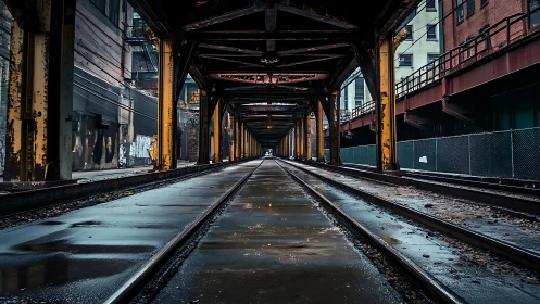 Rain-soaked urban rail tracks vanish into a moody distance