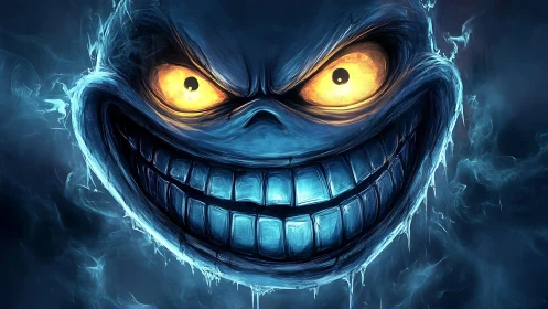 Glowing-eyed grinning demon face in cold blue mist.