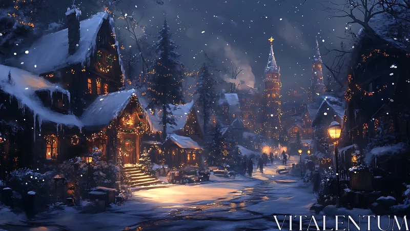 Snowy festive village street glows with cinematic winter light