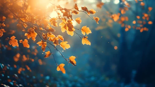 Golden autumn leaves glow softly in misty forest light