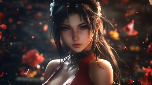 Enchanted warrior gazes softly amid swirling crimson petals