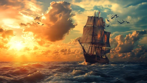 Baroque-lit tall ship cutting chromatic waves at sunset.