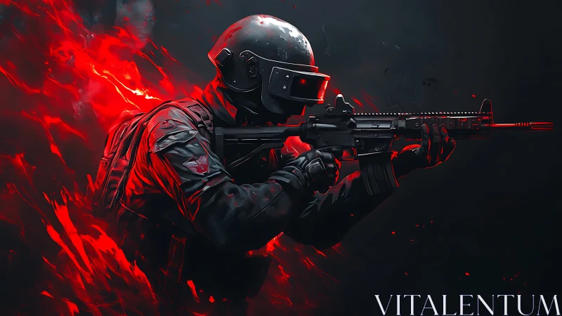 Armored soldier aiming rifle in red digital combat scene.