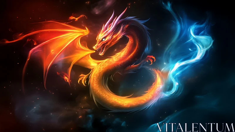 Fiery and icy dragon spirals through cosmic darkness.