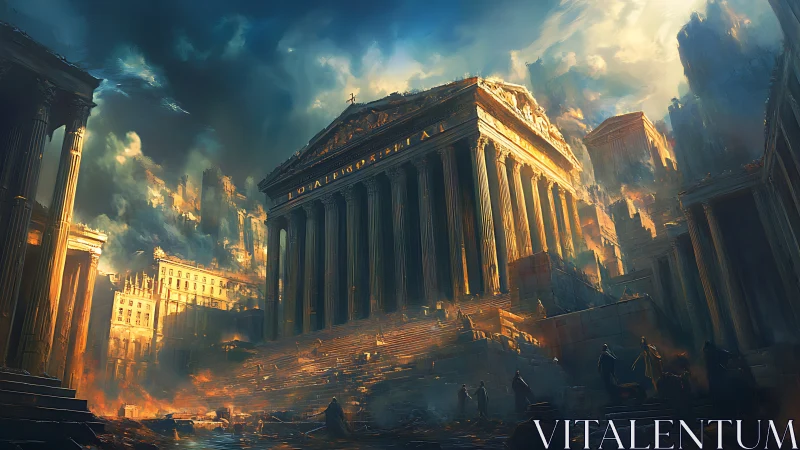 Ancient temple city burns beneath stormlit golden sky.