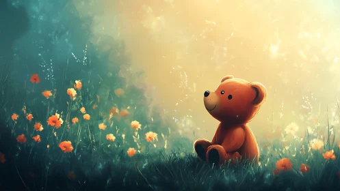 Sunlit teddy bear resting in dreamy wildflower meadow.