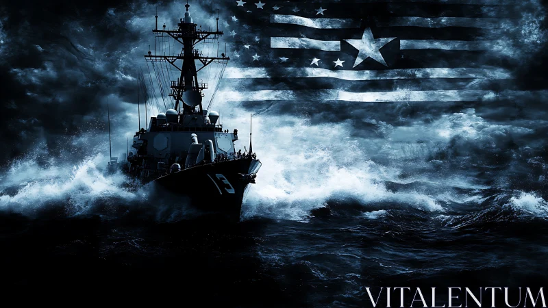 Photorealistic naval destroyer in storm with abstract flag overlay.