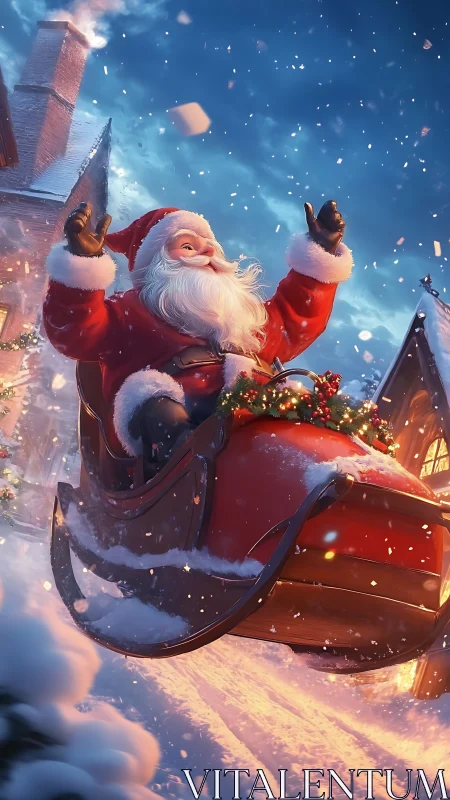 Digital painting of Santa in dynamic snowlit sleigh ascent.