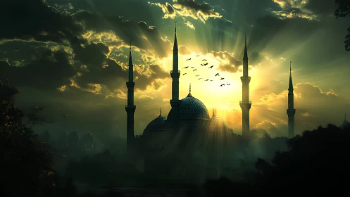 Sunlit mosque skyline glowing softly in golden dawn light.
