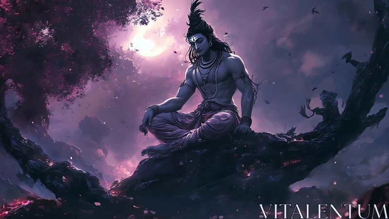 Divine moonlit ascetic on tree bough in mystical digital painting.