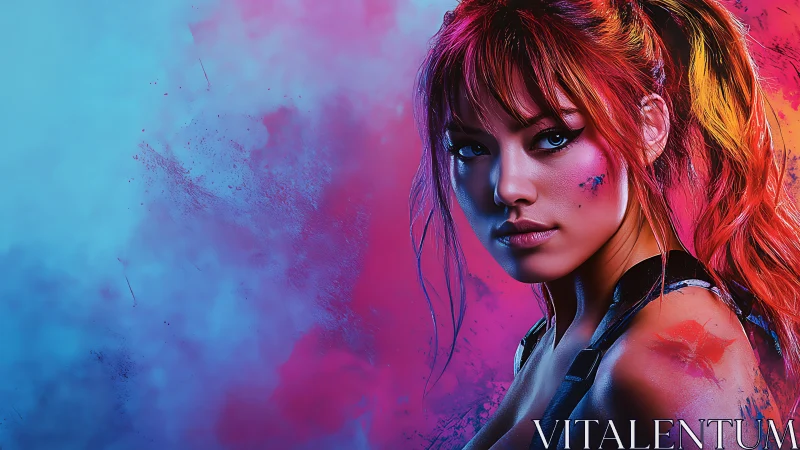 Vibrant digital portrait of woman in neon color haze.