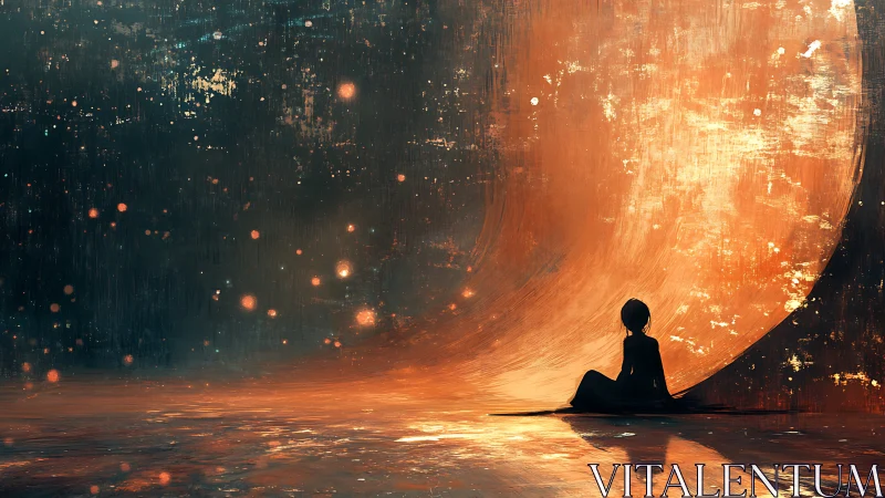 Silhouette figure before curved glowing abstract backdrop.