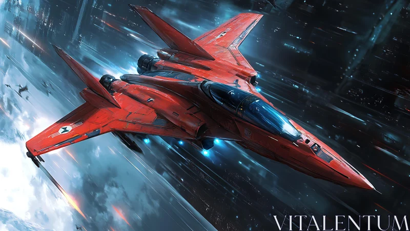 Scarlet starfighter cuts through a glowing futuristic skyline