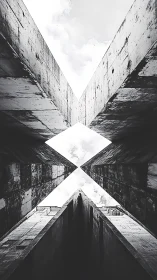 Monochrome brutalist corridor forming geometric sky cross.