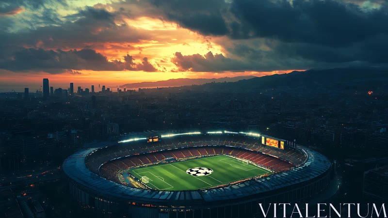 Floodlit football arena under stormy sunset skyline glow.