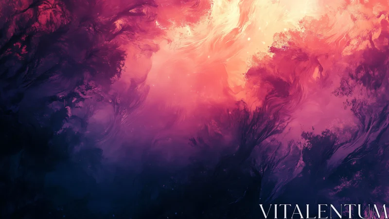 Glowing cosmic mist swirling through dreamy violet clouds.