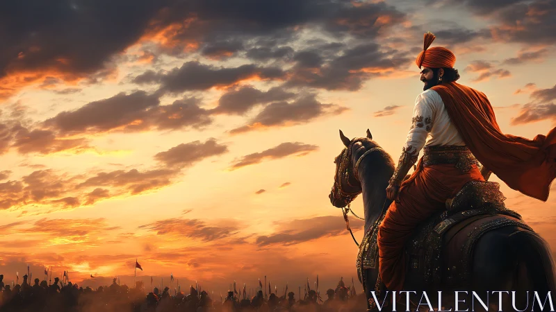 Warrior on armored horse observes army at dramatic sunset