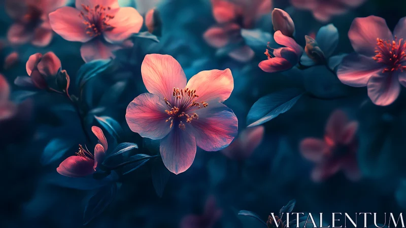 Soft-Focus Coral Blossoms Against Deep Teal Foliage.