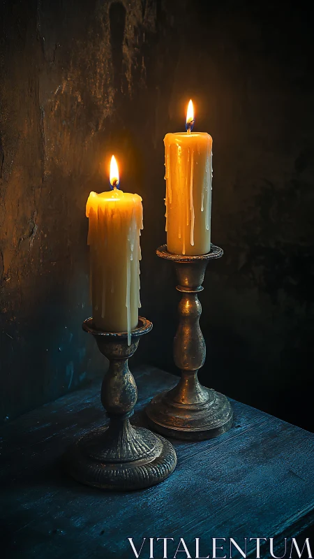 Two lit pillar candles on aged brass holders in shadowed room.