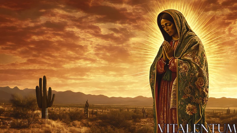Praying holy figure glows above a golden desert sunset