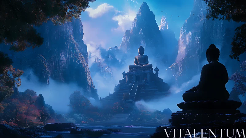 Mountain temple Buddha statues in luminous blue mist