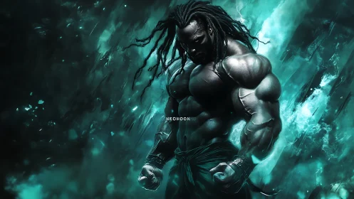 Storm-forged warrior stands strong in a swirling teal power