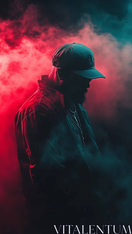 Silhouetted man in cap stands in red and teal atmospheric smoke