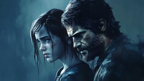 Side profile of two somber figures in blue-toned portrait.