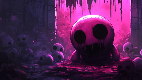 Bleeding-eyed orb creature in neon pink nightmare hall.