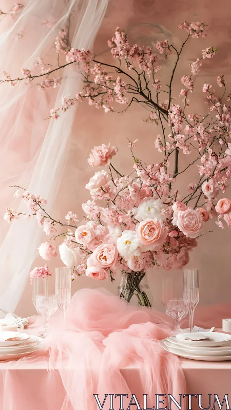 Soft blossom banquet bathed in dreamy blush light.