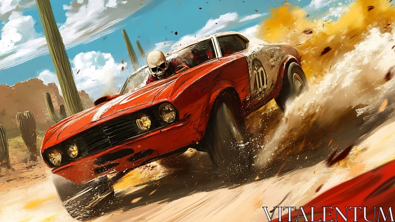 Skull driver in red muscle car tearing through desert dust.
