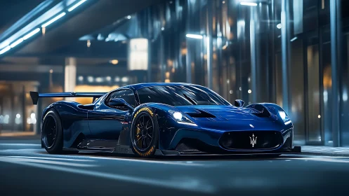 Blue racing sports car on city street at night scene.