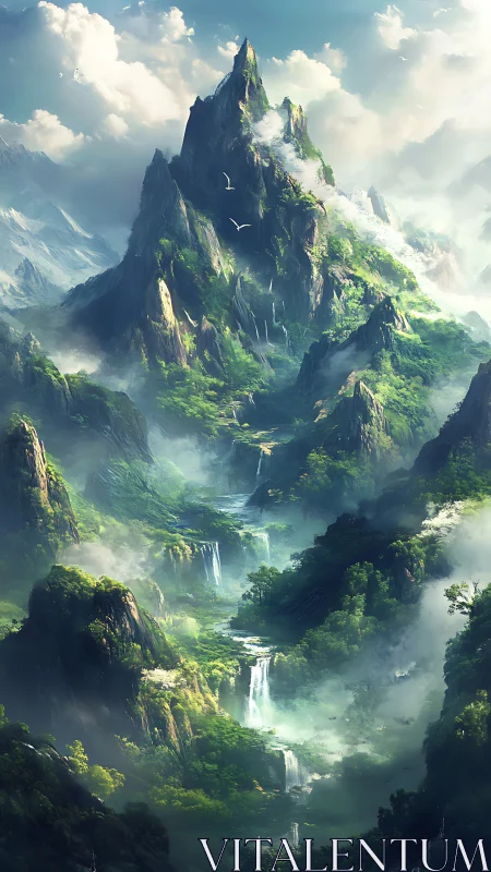 Majestic misted peak over cascading emerald waterfalls.