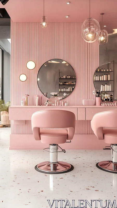 Modern pink hair salon interior with minimalist styling stations.