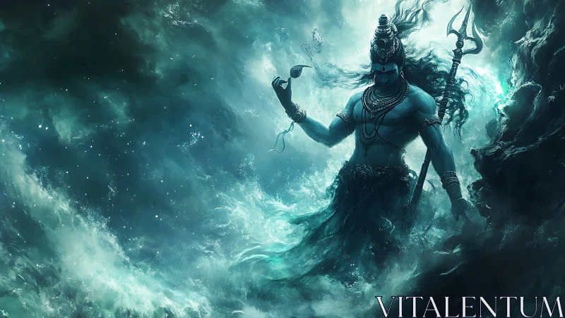 Powerful blue deity stands in swirling ocean storm scene.