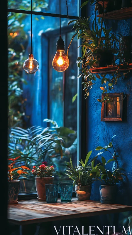Warm pendant lights over lush indoor window garden at dusk.