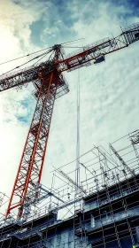 Tower crane and scaffolding frame a mid-rise construction site