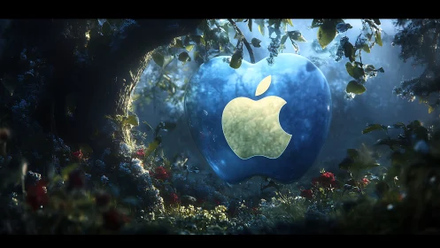 3D luminous apple emblem suspended in enchanted forest scene.