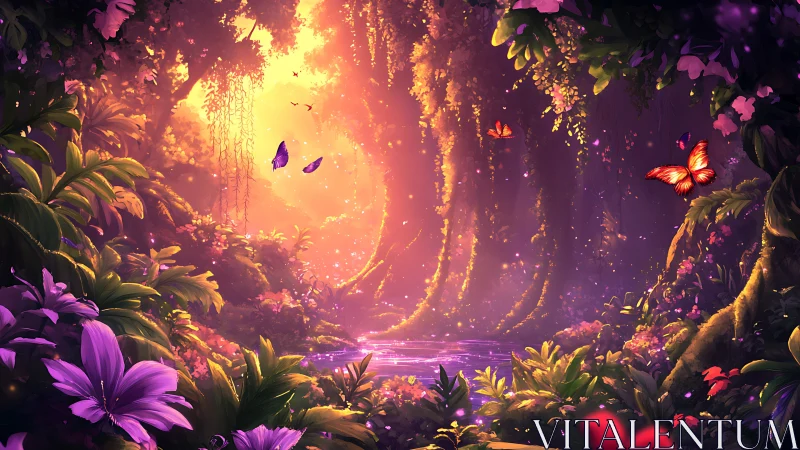 Digital forest scene shows glowing clearing with butterflies