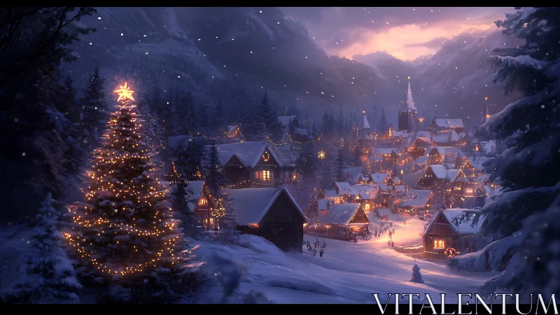 Cozy snowy village glowing with gentle Christmas lights.