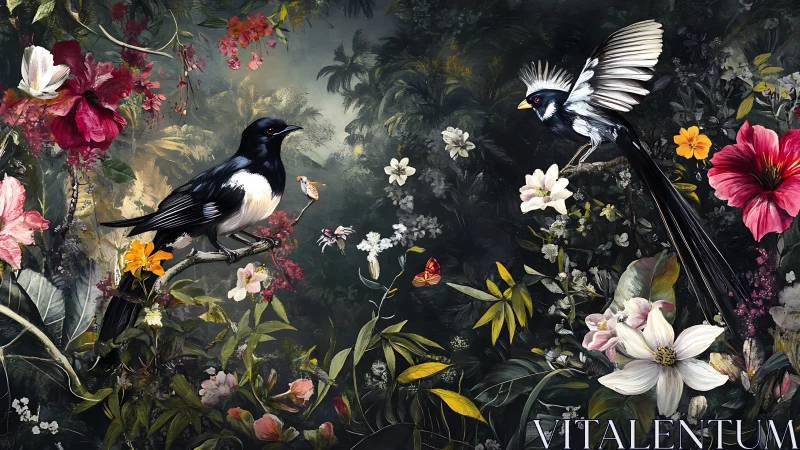 Two black and white birds perch in dense tropical flowers