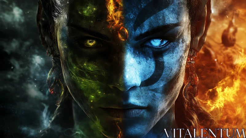 Elemental duality portrait in high-impact fantasy rendering.