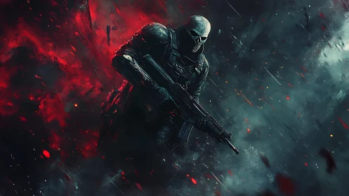 Skull-masked soldier advances through burning scarlet storm.