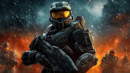 Armored firestorm soldier strides through burning cosmos.