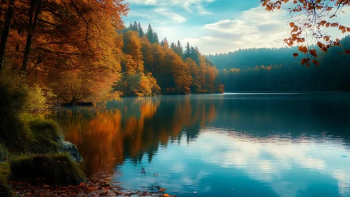 Autumn forest shoreline reflects crisply on a tranquil mountain lake