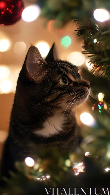 Feline profile study amid defocused festive luminance field.