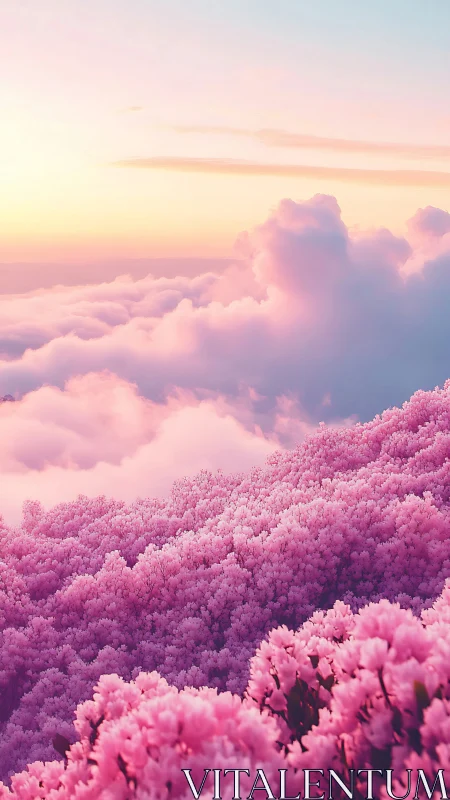 Pink flower hills rise into dreamy pastel sunset clouds.