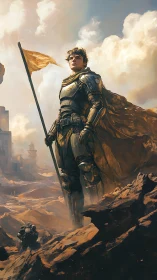 Armored soldier stands on rocky desert holding battle flag