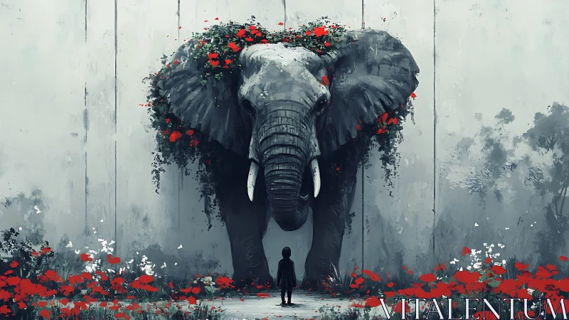 Silent garden giant leans close as a small dreamer listens