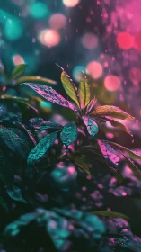 Neon rainlit leaves glow against blurred bokeh night